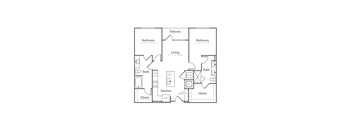 A floor plan of a house with two bedrooms, a living room, a kitchen, a bath, and a mudroom.